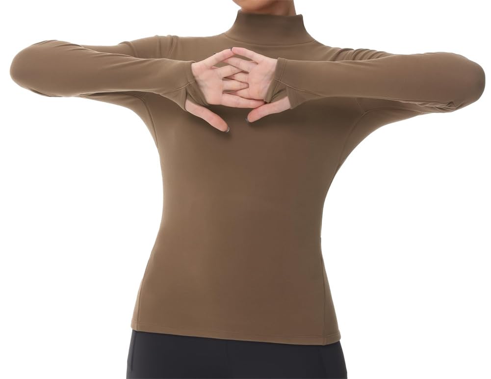 Camicie termiche da donna a maniche lunghe con collo alto, in pile, a maniche lunghe, girocollo, Marrone, M