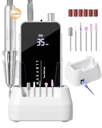 Makartt Nail Drill Professional, 35,000RPM Electric Nail File for Acrylic & Gel Removal, 60W Coreless Motor, 2-in-1 Desktop & Portable, LCD Display, Rechargeable, Quiet, F&R, Nouvella Black