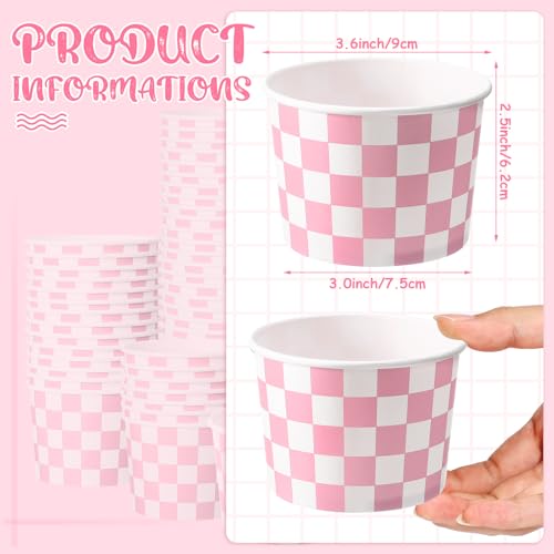 Image of Zopeal 50 Count Pink Checkered Ice Cream Cups Disposable Dessert Bowls | 9 oz, Race Car Paper Ice Cream Bowls, Birthday Party Supplies, Snack Cups Sundae Picnic Yogurt Bowls for Food