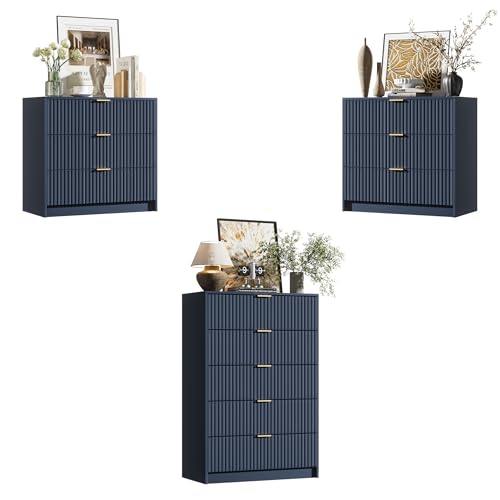 Image of Furniway Navy Blue Dresser Bedroom Set 3 Pieces, Nightstands Sets of 2, 5 Drawer Dresser with Gold Handles for Bedroom