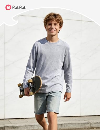 Image of PATPAT Boys Long Sleeve Shirts Cotton Solid Crew Neck Basic Shirts 5-16 Years
