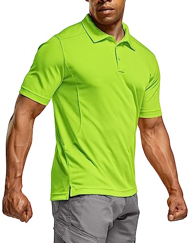 CQR Men's Quick Dry Tactical Polo Shirt, Lightweight Breathable Performance Polo, Short Sleeve UPF 50+ Outdoor Golf Shirt, Frost Neon Yellow, XX-Large