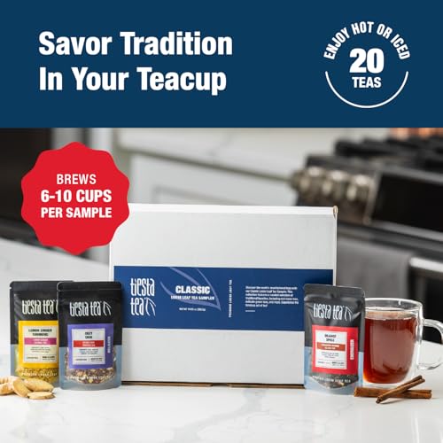Image of Tiesta Tea - Classic Teas Sampler Dry Flight Set, Loose Leaf, High to No Caffeine, Makes Hot & Iced, Assorted Tea Sets with Herbal, Black, Green, and Fruit Blends, 20 Resealable Sample Pouches