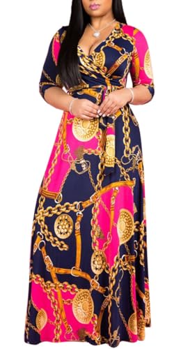 Image of BFFBABY Women's Wrap V Neck Plus Size Maxi Dresses 3 /4 Sleeves Chain Floral Printed Swing Dress with Belt