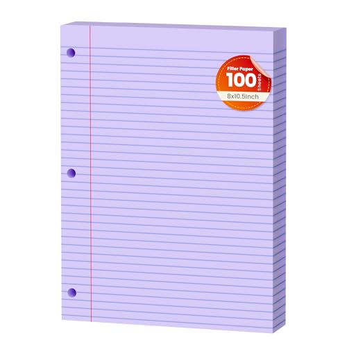 Purple Loose Leaf Paper 100 Sheets Colored Filler Paper 8 * 10.5 College Ruled Paper 3-Hole Punched Paper for 3-Ring Binders Notebook Lined 8 x 10.5