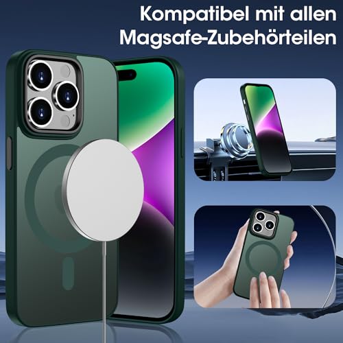ORDA Magnetisch Hülle für iPhone 14 Pro 6,1 Zoll Kompatibel mit MagSafe,für iPhone 14 Pro Case Durchscheinende Matt Handyhülle Rückseite Dünn Stoßfest Schutzhülle Grün – Bild 4