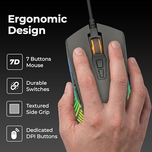 Image of Foxin Phantom GM 107 USB Wired Gaming Mouse with Upto 7200 DPI Gaming Sensor | 7 Buttons | Upto 10 Million Clicks | 7 Colours Rainbow Lighting | Ergonomic Design | 1.5m Cable (Black)