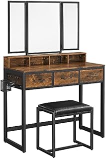 VASAGLE Vanity Table with Upholstered Stool Set, Makeup Table, Dressing Table with Mirror
