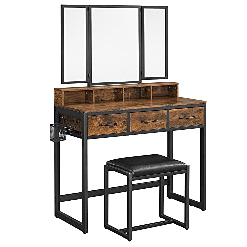 Recamara, Outdoors VASAGLE Juego de Mesa de Maquillaje con Espejo Triple, Tocador con Espejo y Taburete, 3 Cajones, Escritorio de Maquillaje, Soporte para Secador, Industrial,...