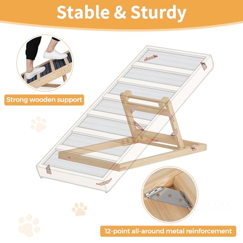 COZIWOW Dog Ramp for Bed, Couch, Car - 39" L Adjustable Pet Ramp for Dogs to Get on Bed with High Traction, Wooden Dog Steps of 4 Height (16"- 22") for Small Medium Large Dogs, up to 132 LBS