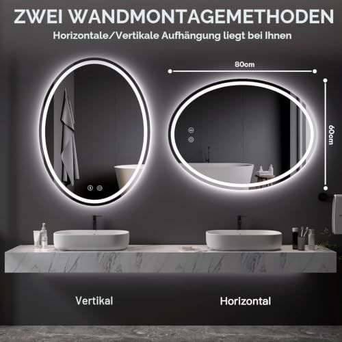 Dripex Badezimmerspiegel mit Beleuchtung Oval Led Badspiegel mit Touch-Schalter, Dimmbar, 3 Lichtfarbe Einstellbare, Beschlagfrei 60 x 80 cm – Ansicht 5