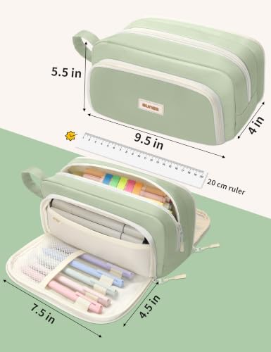Image of SUNEE Cute Pencil Case, Aesthetic Pen Pouch with 3 Compartments, Kawaii Colored Large Pencil Bag with Zipper, Stationery Storage and Organizer, Green School Supplies for Teen and Adult Girls