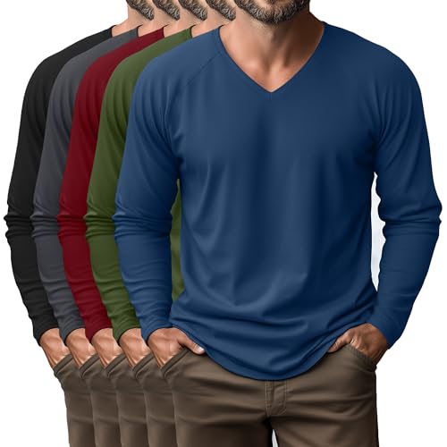 August Alley 5 Pack Men's Long Sleeves Shirts V Neck Raglan Curved Hem Plain Basic Tee Fall Tops Multipack(Black, Dark Gray, Wine Red, Army Green, Denim Blue,X-Large)