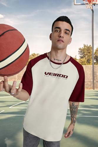 Image of Veirdo 100% Pure Cotton Oversized Loose Baggy Fit Drop Shoulder Round Neck Cool Front Chest Typographic Logo Printed Raglan Sleeve T-Shirt for Men (Colors: White, Black, Swanwhite, Beige & Grey)
