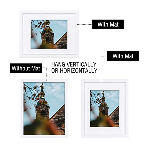 11X14 Real Wood Photo Frame - White Color - Mat For 8X10 Picture Included - Wall Mounting - Portrait/Landscape - Real Glass Panel - Classic Simple Design - Perfect For Group Shots, Family Photographs #TOP1