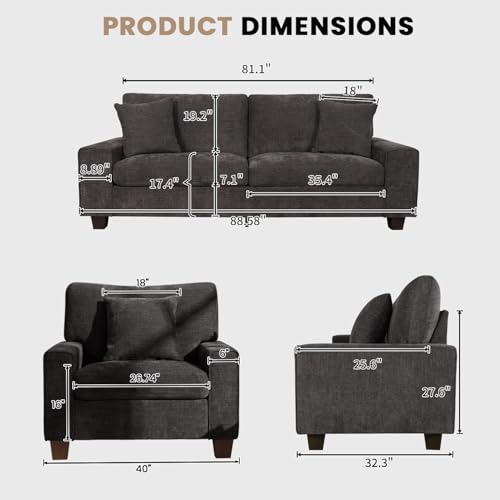 Image of DOPEDIO Modern Living Room Sofa Set, 88.58 inch Chenille Loveseat with 2 Accent Chairs, Removable Covers, Spring Cushions, Solid Wood Frame, Easy Assembly(88.58inch+2 Single,Dark Grey)