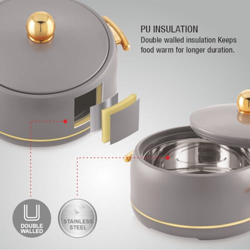 Image of Modware Atlantis Casserole 2000ml Elegant Design Premium Hot Pot, Retains Temperature for Hours, Insulated Inner Steel Casserole for Roti, Hot Box for Home, Chapati Box, Serving Bowl with Lid (Grey)