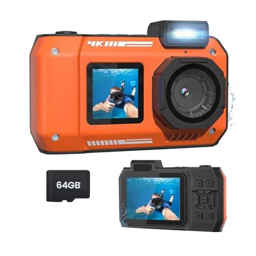 Akfldms Cámara Impermeable 4K 65MP Cámara Submarina con Tarjeta de 64G, para Snorkeling Enfoque Automático Selfie Pantalla Dual Naranja