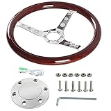 YIUIY 380MM 15' Wooden Steering Wheel with Horn Button Kit- Classic Wood Grain Steering Wheel - Nostalgia Hollow-carved 3 Hole Style