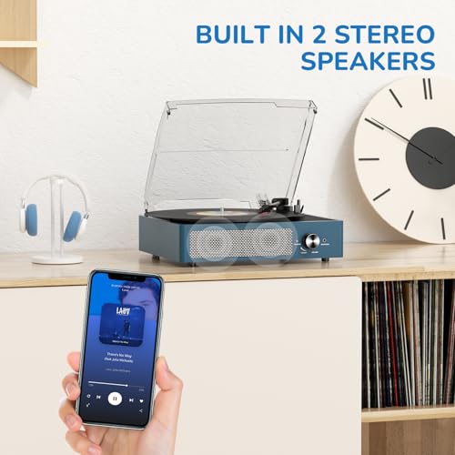 Image of Vinyl Record Player with 2 Stereo Speakers Belt-Driven Vintage Turntables 3 Speed 3 Size Wireless Bluetooth Playback AUX-in RCA Out Headphone LP Vinyl Players Auto Stop Frosted Blue