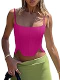 REORIA Women's Summer Fashion Sexy Square Neck Sleeveless Adjustable Spaghetti Strap Tendy Tank Crop Tops Going Out Bustier Corset Tops Neon Rose Red Large