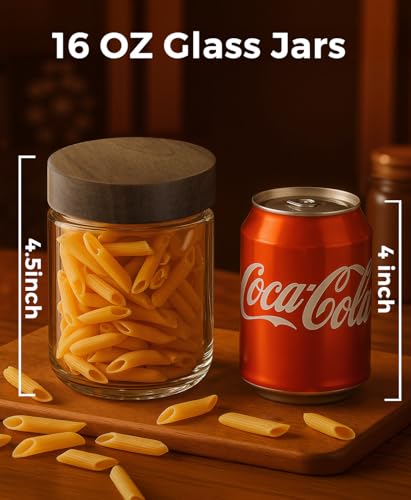 Image of 16oz 4 Pack Glass Mason Jars Overnight Oats Containers with Acacia Wood Lid | Airtight Chia Seed Pudding Jars with Screw on Top Wide Mouth Food Storage Jar for Meal Prep, Yogurt, Spice, Herb and Tea