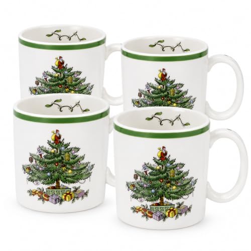 Spode Christmas Tree Mugs Set of 4 – Iconic Tree Pattern, Holiday Beverage Mugs with 9 oz Capacity – Dishwasher Safe, Festive Hot-Drink Cups in Durable Stoneware for Cocoa, Tea & Coffee