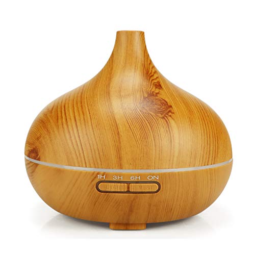 300ml Ultraschall Aroma Diffuser, Luftbefeuchter Holzmaserung Oil Düfte Humidifier, 7 LED Ring Leise Luftbefeuchter (Gelb)