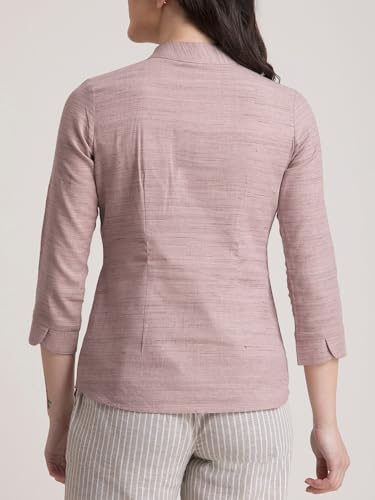 Image of FableStreet Women Formal Top | Asymmetrical Button Placket Band Collar Three-Quarter Sleeves | Pure Cotton Smooth Fabric for Office & Workwear
