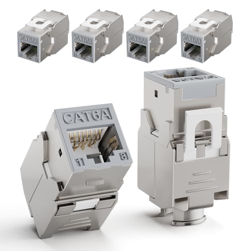 LEENUE RJ45 Keystone Jack Cat6A Lot De 6, 10 Gbit/ 500MHz, Plaqué rr Keystone Modul for Cat6A Cat6 Cânle de Pose, RJ45 Mâle, Câble De Raccordement Réseau et Ethernet Patch Pane, Prise Réseau, Gris