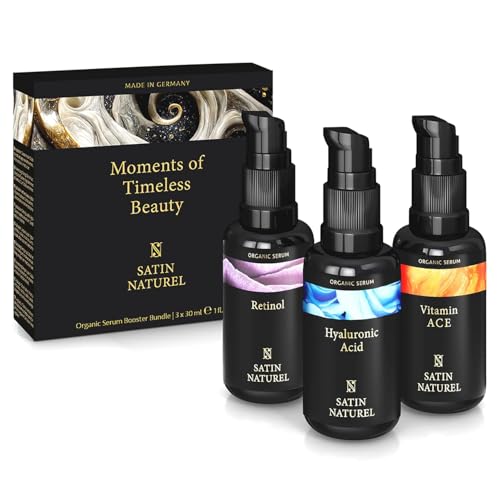 EKOLOGISKT Anti-aging hudvårdsset 3x30ml – Ansiktsserum med ACE-vitaminer + Koncentrat av hyaluronsyra + Serum med retinol och aloe vera + Hudvårdsset för kvinnor – Premiumkvalitet av Satin Naturel