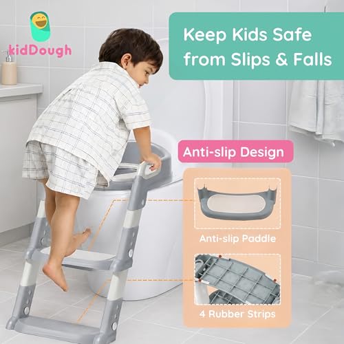 Image of KidDough Potty Training Seat with Ladder, Splash Guard, Handle and Cushion Seat, Polypropylene, Grey, Modern Style, for Kids (Potty Seat with Ladder, Grey)