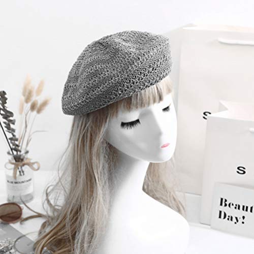 Tendycoco Womens Summer Beret Hat French Style Beanie Hats Hollow-Out Vintage Painters Woven Cap Artist Hat Grey #TOP4