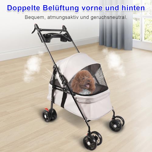 Homewell Klappbarer Haustierwagen mit Getränkehalter, Hundewagen & Katzenwagen, Leicht & Bequem mit Sicherheitsgurt, Atmungsaktiv, Stauraum, bis 20kg (Weiß)