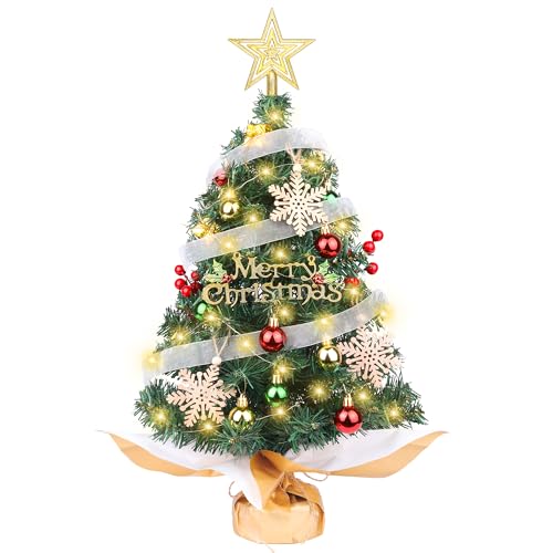 HOMDAILY Small Christmas Tree with Lights, 2ft/24 inch Artificial Mini Table Top Christmas Tree Decorations with Star Tree Topper, Hanging Balls and Ornaments, Gift Pack, 25 Pcs Little DIY Xmas Tree
