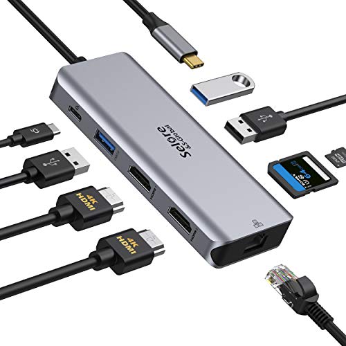 Hub USB C Dual HDMI, Adaptateur USB-C vers Double HDMI, Ethernet Gigabit, PD 100W, Port USB 3.0 et Lecture Carte SD/TF, Docking Station 9 en 1 pour MacBook Huawei MateBook Dell XPS Tablette Type C