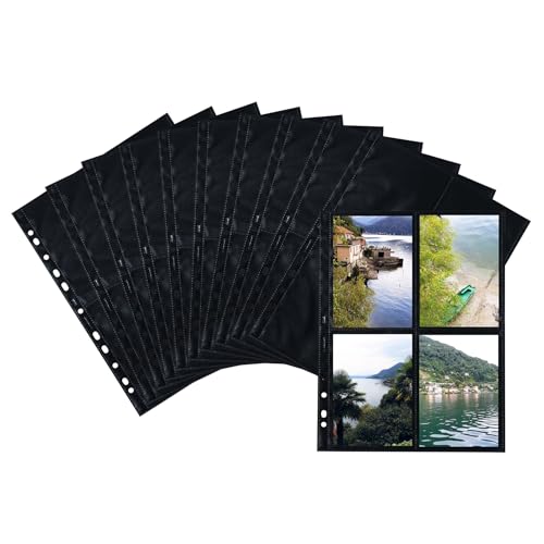 HERMA 7785 Fotohüllen für Ordner, 10 Stück, 10x15 cm, 4 Fächer geteilt, beidseitig bestückbare Fotophan Fotosichthüllen Sammelhüllen Postkartenhüllen Prospekthüllen mit Eurolochung, schwarz