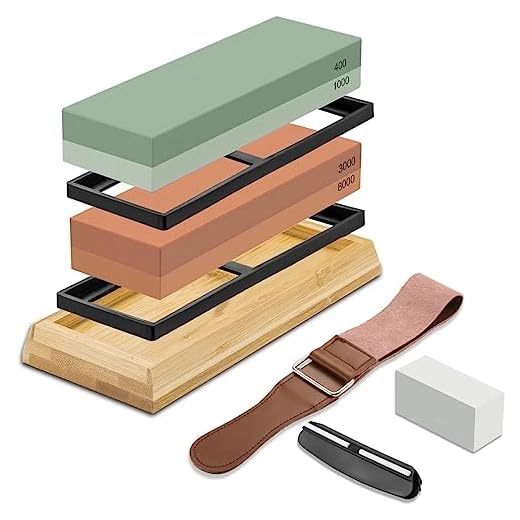 HASTHIP® Knife Sharpeners for Kitchen, 400/1000/3000/8000 Double Side Grit Waterstone, Professional Chef Whetstone Sharpener, Non-slip Bamboo Base, Ideal Grinding Stone for Chefs and Cooking Lovers