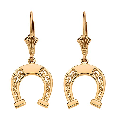 Certified 10K Yellow Gold Horseshoe Filigree-Style Leverback Earrings #TOP24