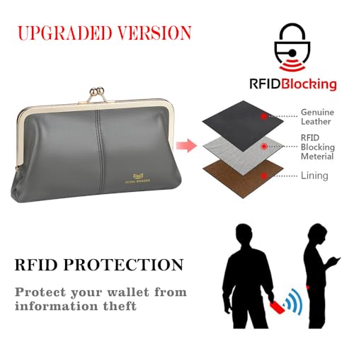 Image of Royal Bagger RFID Kiss Lock Wallet, Solid Color Multi-card Slots Card Holder, Genuine Cow Leather Clutch Purses for Women 1468 (Rose (2468))