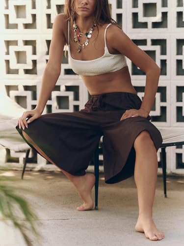 Women's Culottes Cropped Wide Leg Pants Summer Elastic Waist Drawstring Beach Palazzo Trousers with Pockets4