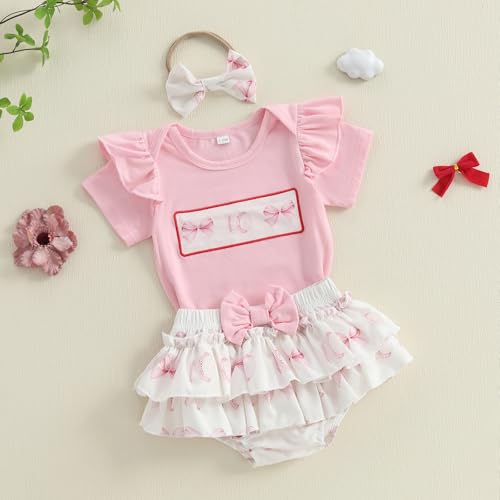 Newborn Baby Girl Baseball Outfit Softball Clothes Short Sleeve Romper Bow Bloomers Tutu Skirts Headband Set4