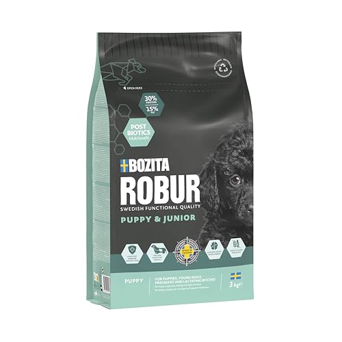Bozita ROBUR Puppy & Junior Huhn 3kg - Welpenfutter Trockenfutter mit hoher Akzeptanz, Postbiotika ohne Weizen für kleine bis mittelgroße Rassen