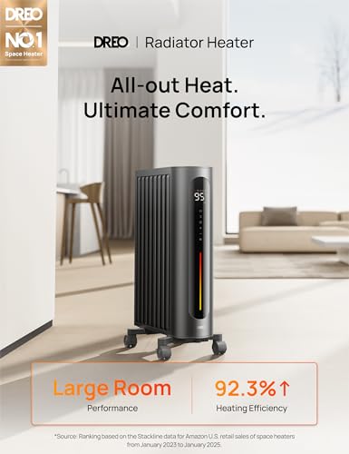 Image of DREO Oil Filled Radiator Heater, 1500W Radiant Heater with Remote Control, Digital Thermostat, 4 Modes, 24h Timer, 10 Safety Protections, Child Lock, Space Heaters for Indoor Use Large Room Bedroom