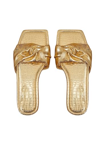 OYOANGLE Women's Metallic Sparkly Ruched Square Open Toe Side Sandals Ruched Single Band Flat Sandal
