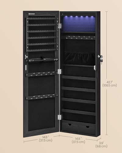 Image of SONGMICS HOME Mirror Jewelry Cabinet, Lockable Hanging Jewelry Organizer with Full-Length Mirror, Door or Wall Mounted Storage Cabinet, Interior LED Lights, Black