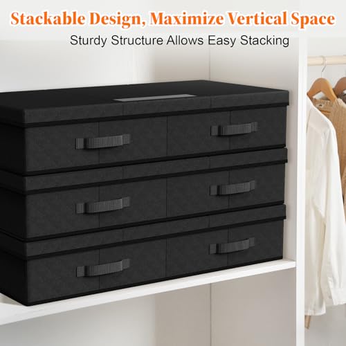 Image of StoreHappily Under Bed Storage Containers with Lids - 2 Pack, Foldable and Stackable Clothes Storage Bags with Clear Window, 3-Sided Handles and Label Slot for Clothing, Blankets, Pillows (Black)