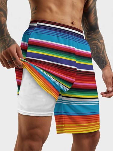 Mens Swim Trunks with Compression Liner,Colorful Mexican Stripes Men's Inseam Board Shorts Quick Dry Bathing Suit for Men2