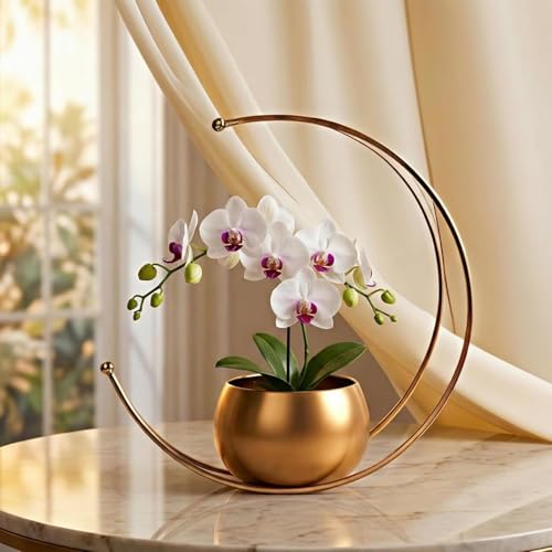 Image of Premium Moon Shape Metal Plant Stand with Golden Pot | Modern Crescent Iron Planter for Indoor Plants | Decorative Tabletop Flower Pot for Living Room, Balcony & Home Decor (Moon Flower Pot)