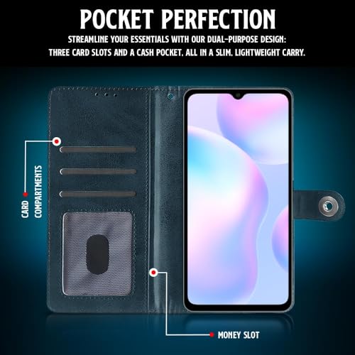 Image of WOW IMAGINE Shock Proof Flip Cover Back Case for Xiaomi Mi Redmi 9A | 9i | 9A Sport (Magnetic Button Flip Case | Wallet Pockets & Stand | Leather Finish | Oxford Blue)